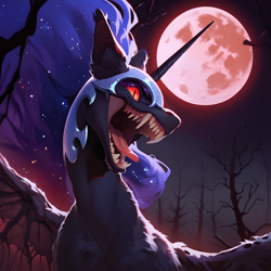 Size: 2048x2048 | Tagged: safe, imported from derpibooru, nightmare moon, alicorn, pony, ai content, ai generated, blood moon, creepy, female, full moon, generator:pony diffusion v6 xl, generator:stable diffusion, helmet, horn, mare, mawshot, moon, nightmare night, open mouth, prompter:star-dragon, red eyes, sharp teeth, slit pupils, solo, teeth, tongue out