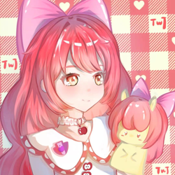 Size: 1080x1080 | Tagged: safe, artist:ttwj, imported from derpibooru, apple bloom, human, bow, checkered background, choker, clothes, collared shirt, hair bow, hand puppet, humanized, jewelry, pendant, shirt, smiling, solo, upper body