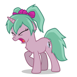 Size: 2800x2800 | Tagged: safe, artist:oblivionfall, imported from derpibooru, oc, oc only, oc:magicalmysticva, pony, unicorn, bow, chest fluff, eyes closed, female, floppy ears, frustrated, frustration, hair bow, horn, open mouth, pigtails, pink body, pink coat, simple background, solo, teal mane, transparent background, twintails, vector