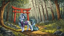 Size: 2560x1440 | Tagged: safe, imported from derpibooru, mistmane, pony, unicorn, ai content, ai generated, clothes, curved horn, female, forest, generator:pony diffusion v6 xl, generator:stable diffusion, grass, horn, mare, nature, outdoors, prompter:siber, rock, scenery, solo, torii, tree, wallpaper, younger