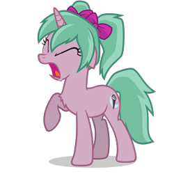 Size: 2800x2800 | Tagged: safe, artist:oblivionfall, imported from derpibooru, oc, oc only, oc:magicalmysticva, pony, unicorn, bow, chest fluff, eyes closed, female, floppy ears, frustrated, frustration, hair bow, horn, irritated, open mouth, pigtails, pink body, png, raised hoof, simple background, solo, teal mane, transparent background, twintails, vector