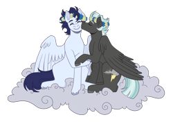 Size: 3500x2500 | Tagged: safe, artist:monnarcha, imported from derpibooru, soarin', thunderlane, pony, cloud, duo, duo male, floral head wreath, flower, gay, kissing, male, on a cloud, shipping, simple background, sitting, sitting on a cloud, soarilane, transparent background