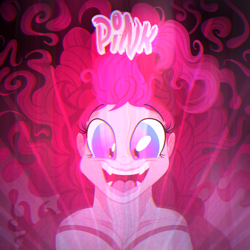 Size: 2090x2090 | Tagged: safe, artist:sixes&sevens, imported from derpibooru, pinkie pie, human, fanfic:the sunset archives, equestria girls, cute, cute little fangs, fanfic, fanfic art, fanfic cover, fangs, glowing, messy mane, pink, smiling