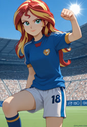 Size: 832x1216 | Tagged: safe, imported from derpibooru, sunset shimmer, equestria girls, ai content, ai generated, clothes, crowd, female, fist, football, generator:civitai, inazuma eleven, prompter:mardenborough, shorts, soccer field, soccer uniform, socks, sports, stadium