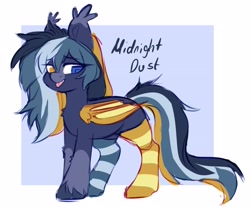 Size: 3297x2733 | Tagged: safe, artist:cheekipone, oc, oc only, oc:midnight dust, bat pony, pony, :p, bat pony oc, bat wings, clothes, ear tufts, female, folded wings, heterochromia, mare, passepartout, socks, solo, standing, tongue out, unshorn fetlocks, wings