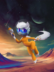 Size: 2400x3200 | Tagged: safe, artist:darkdoomer, silver spoon, semi-anthro, desert, digital art, digital painting, glasses, mountain, phaser, planet, retro, science fiction, solo, spacesuit, weapon