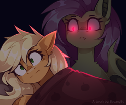 Size: 3000x2500 | Tagged: safe, artist:buvanybu, imported from derpibooru, applejack, fluttershy, bat pony, earth pony, pony, :<, awake, bat ponified, duo, duo female, female, flutterbat, glowing, glowing eyes, looking at someone, race swap, red eyes, scared, shrunken irises