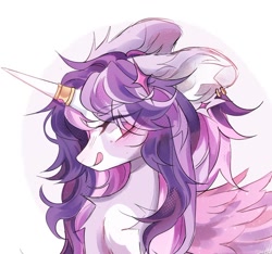 Size: 876x821 | Tagged: safe, artist:misty.mooon, imported from derpibooru, oc, oc only, alicorn, alicorn oc, blushing, chest fluff, commission, ear fluff, ear piercing, earring, eye clipping through hair, eyebrows, eyebrows visible through hair, female, hairclip, horn, horn ring, jewelry, licking, licking lips, mare, piercing, ring, tongue out, wings