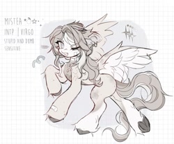 Size: 1338x1114 | Tagged: safe, artist:misty.mooon, imported from derpibooru, oc, oc only, oc:mistea, pegasus, pony, abstract background, bandage, bandaid, ear piercing, earring, eye clipping through hair, eyebrows, female, jewelry, mare, one eye closed, piercing, solo, unshorn fetlocks, wink