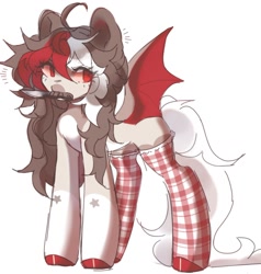 Size: 1300x1365 | Tagged: safe, artist:misty.mooon, imported from derpibooru, oc, oc only, bat pony, pony, clothes, female, knife, mare, mouth hold, simple background, socks, white background