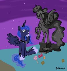 Size: 998x1056 | Tagged: safe, artist:wrath-marionphauna, imported from derpibooru, nightmare moon, princess luna, alicorn, pony, candy, crown, female, food, jewelry, mare, mlp fim's fourteenth anniversary, nightmare night, outdoors, regalia, smiling, statue