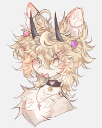 Size: 1078x1348 | Tagged: safe, alternate version, artist:misty.mooon, artist:mistymoonqwq, imported from derpibooru, oc, oc only, pony, abstract background, bell, bell collar, bust, chest fluff, collar, curved horn, ear piercing, earring, horn, horns, jewelry, necklace, piercing, solo