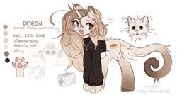 Size: 970x518 | Tagged: safe, artist:misty.mooon, imported from derpibooru, oc, oc only, oc:bread, cat, cat pony, hybrid, original species, pony, unicorn, clothes, female, horn, jewelry, mare, necklace, paws, reference sheet, solo, sweater, toaster