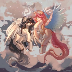 Size: 1440x1440 | Tagged: safe, artist:misty.mooon, imported from derpibooru, oc, oc only, oc:misty, alicorn, pegasus, pony, alicorn oc, bracelet, choker, duo, ear piercing, earring, female, flying, horn, jewelry, looking at each other, looking at someone, mare, outdoors, piercing, spread wings, tongue out, wings