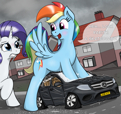 Size: 2476x2328 | Tagged: safe, artist:qkersnll, imported from derpibooru, rainbow dash, rarity, pegasus, pony, unicorn, blushing, building, car, commission, destruction, duo, duo female, female, giant pony, giantess, high res, horn, macro, mare, mercedes-benz, outdoors, speech bubble, sweat