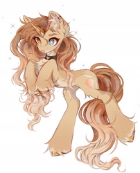 Size: 1440x1784 | Tagged: safe, alternate version, artist:misty.mooon, imported from derpibooru, oc, oc only, pony, unicorn, chest fluff, choker, ear piercing, earring, female, heterochromia, horn, jewelry, mare, piercing, simple background, solo, unshorn fetlocks, white background