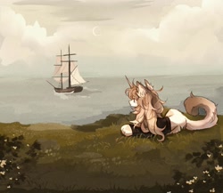 Size: 1440x1250 | Tagged: safe, artist:misty.mooon, imported from derpibooru, oc, oc only, cat, cat pony, hybrid, original species, pony, unicorn, boat, clothes, crescent moon, female, horn, looking at something, lying down, mare, moon, ocean, outdoors, prone, ship, solo, sweater, water