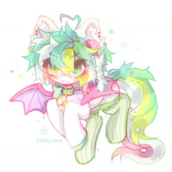 Size: 1440x1446 | Tagged: safe, artist:misty.mooon, imported from derpibooru, oc, oc only, bat pony, pony, braid, clothes, collar, ear fluff, ear piercing, earring, eye clipping through hair, eyebrows, eyebrows visible through hair, female, jewelry, mare, piercing, simple background, socks, spread wings, white background, wings