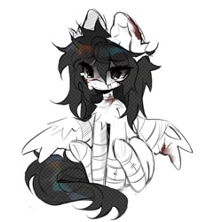 Size: 1440x1440 | Tagged: safe, artist:misty.mooon, imported from derpibooru, oc, oc only, oc:melatonin, pegasus, pony, bandage, blood, chest fluff, crying, ear fluff, female, injured, mare, simple background, sitting, spread wings, white background, wings