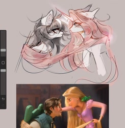 Size: 1440x1471 | Tagged: safe, artist:misty.mooon, imported from derpibooru, oc, chameleon, human, pony, unicorn, art program in frame, cross-popping veins, ear fluff, emanata, female, flynn rider, horn, long hair, male, mare, pascal (tangled), procreate app, rapunzel, tangled (disney), tied up, tongue out