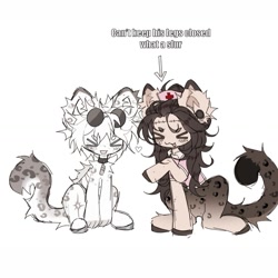 Size: 1131x1131 | Tagged: safe, artist:misty.mooon, imported from derpibooru, oc, oc:hakú, big cat, leopard, original species, pony, snow leopard, ><, blushing, collar, duo, ear fluff, ear piercing, earring, eyes closed, floating heart, geto suguru, hat, heart, jewelry, jujutsu kaisen, kinsona, leopard pony, male, nurse hat, nurse outfit, piercing, satoru gojou, simple background, sitting, stallion, stitches, sunglasses, sunglasses on head, white background