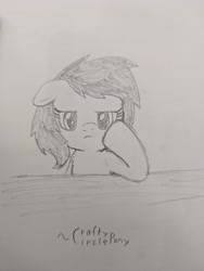 Size: 3072x4080 | Tagged: safe, artist:craftycirclepony, imported from derpibooru, oc, oc only, oc:filly anon, earth pony, unicorn, chest fluff, cute, female, filly, floppy ears, foal, frown, hoof on cheek, horn, leaning on table, lidded eyes, looking at you, pencil drawing, sketch, solo, table, traditional art, unamused