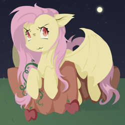 Size: 1000x1000 | Tagged: safe, artist:0liiver, imported from derpibooru, fluttershy, bat pony, pony, >:3, apple, bat ponified, flutterbat, food, nightmare night, outdoors, pumpkin, race swap, solo