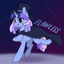 Size: 1800x1800 | Tagged: safe, artist:corecarnitine, imported from derpibooru, oc, oc only, oc:flawless sparklemoon, pony, unicorn, cloak, clothes, female, fusion, fusion:trixie, fusion:twilight sparkle, fusion:twixie, grin, hat, horn, mare, my little pony the movie: the death of twilight sparkle, raised hoof, raised leg, shooting star, smiling, solo, sparkles, sparkly eyes, standing on two hooves, tail, top hat, unicorn oc, wingding eyes