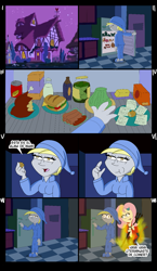 Size: 1033x1779 | Tagged: safe, imported from derpibooru, derpy hooves, fluttershy, human, pegasus, equestria girls, clothes, comic, devil, fire, food, gelatin, kitchen, night, night suit, pajamas, refrigerator, sleeping, the simpsons