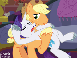 Size: 1024x768 | Tagged: safe, artist:uniomie, imported from derpibooru, applejack, rarity, earth pony, pony, unicorn, made in manehattan, applejack (male), applejack's hat, applelusive (gay), cowboy hat, duo, elusive, facial hair, fainted, fainting couch, female, freckles, gay, hat, hooves, horn, indoors, inktober, inktober 2024, lesbian, male, moustache, ponytober, ponytober 2024, rarijack, rule 63, shipping, show accurate, stallion