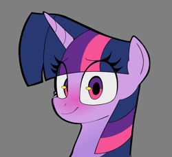 Size: 1200x1098 | Tagged: safe, artist:ponconcarnal, imported from derpibooru, twilight sparkle, alicorn, pony, bust, female, gray background, looking at you, mare, portrait, simple background, smiling, solo, twilight sparkle (alicorn)