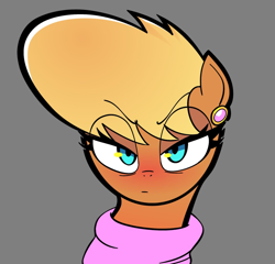 Size: 1200x1152 | Tagged: safe, artist:ponconcarnal, imported from derpibooru, ms. harshwhinny, earth pony, pony, bust, clothes, ear piercing, earring, female, frown, gray background, jewelry, looking at you, mare, piercing, portrait, scarf, simple background, solo