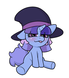 Size: 1348x1528 | Tagged: safe, artist:anonymous, imported from derpibooru, oc, oc only, oc:flawless sparklemoon, pony, unicorn, blushing, female, filly, foal, fusion, fusion:trixie, fusion:twilight sparkle, fusion:twixie, hat, horn, looking at you, my little pony the movie: the death of twilight sparkle, simple background, sitting, solo, starry eyes, tail, tongue out, top hat, unicorn oc, white background, wingding eyes