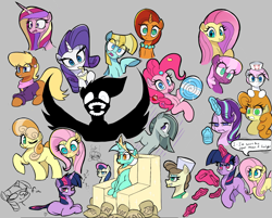 Size: 1884x1514 | Tagged: safe, artist:ponconcarnal, imported from derpibooru, bon bon, carrot top, cheerilee, fluttershy, golden harvest, helia, junebug, lyra heartstrings, marble pie, ms. harshwhinny, nurse redheart, pinkie pie, princess cadance, rarity, roma, starlight glimmer, stellar flare, sweetie drops, twilight sparkle, alicorn, earth pony, pegasus, pony, unicorn, angry, candy, chair, chef's hat, clothes, confused, crown, drink, drinking, drinking straw, female, food, gray background, grin, hat, horn, jewelry, juice, lollipop, looking at you, magic, mare, necklace, nurse hat, oats, rain, regalia, simple background, sketch, sketch dump, smiling, speech bubble, starlight glimmer is not amused, sweat, telekinesis, tired, tongue out, tree branch, unamused, unicorn twilight, wall of tags