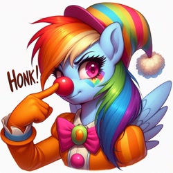 Size: 1024x1024 | Tagged: safe, imported from derpibooru, rainbow dash, anthro, pegasus, ai content, ai generated, boop, bowtie, clothes, clown, clown nose, generator:bing image creator, generator:dall-e 3, gloves, hat, honk, makeup, prompter:heydude5321, red nose, self-boop, wings