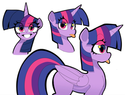 Size: 2078x1589 | Tagged: safe, artist:ponconcarnal, imported from derpibooru, twilight sparkle, alicorn, pony, female, looking at you, mare, multeity, simple background, smiling, smiling at you, solo, tongue out, twilight sparkle (alicorn), white background