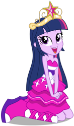 Size: 722x1226 | Tagged: safe, artist:alandssparkle, edit, imported from derpibooru, vector edit, twilight sparkle, human, equestria girls, bare shoulders, big crown thingy, crown, element of magic, fall formal outfits, jewelry, regalia, simple background, sitting, sleeveless, solo, strapless, transparent background, vector