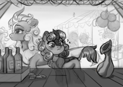 Size: 4096x2897 | Tagged: safe, artist:serenitysky, imported from derpibooru, oc, oc only, kirin, bottle, coin, female, filly, foal, grayscale, kirin oc, mare, market, money, monochrome, pitcher plant, sparkles, table