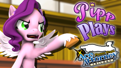 Size: 1920x1080 | Tagged: safe, artist:pika-robo, imported from derpibooru, pipp petals, pegasus, pony, series:pipp plays, 3d, ace attorney, fake thumbnail, female, g5, g5 to g4, gamer pipp, generation leap, let's play, mare, objection, open mouth, phoenix wright, solo, source filmmaker, youtube thumbnail