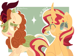 Size: 1600x1200 | Tagged: safe, artist:startrixx_, imported from derpibooru, autumn blaze, sunset shimmer, kirin, pony, unicorn, autumnshimmer, crack shipping, duo, duo female, female, heart, heart eyes, horn, lesbian, one eye closed, passepartout, shipping, simple background, sparkles, white background, wingding eyes, wink