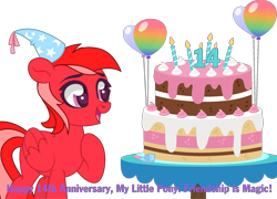 Size: 4672x3362 | Tagged: safe, imported from derpibooru, oc, oc only, oc:cerise blossom, pony, 14, balloon, cake, candle, food, mlp fim's fourteenth anniversary, simple background, solo, transparent background