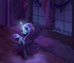 Size: 4700x4000 | Tagged: safe, alternate version, artist:anastas, imported from derpibooru, part of a set, nightmare rarity, pony, unicorn, series:ask nightmare rarity, ask, bad end, canterlot castle, carpet, column, comic, detailed background, ethereal mane, eyeshadow, fangs, female, flowing mane, flowing tail, glowing, glowing horn, hoof shoes, horn, jewelry, looking at you, magic, magic aura, makeup, mare, mare in the moon, mlp art ask (ru), moon, nightmarified, open mouth, princess shoes, regalia, slit pupils, solo, speech bubble, starry mane, starry tail, tail, textless, textless version, walking, window