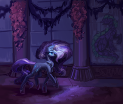 Size: 4700x4000 | Tagged: safe, alternate version, artist:anastas, imported from derpibooru, part of a set, nightmare rarity, spike, pony, unicorn, series:ask nightmare rarity, ask, bad end, canterlot castle, carpet, column, comic, detailed background, ethereal mane, eyeshadow, fangs, female, flowing mane, flowing tail, glowing, glowing horn, hoof shoes, horn, jewelry, looking at you, magic, magic aura, makeup, mare, mare in the moon, mlp art ask (ru), moon, nightmarified, open mouth, princess shoes, regalia, slit pupils, solo, speech bubble, stained glass, starry mane, starry tail, tail, textless, textless version, walking, window