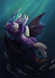 Size: 724x1024 | Tagged: safe, artist:jackiesenvy, imported from derpibooru, oc, oc only, bat pony, fish, pony, bat wings, bubble, crepuscular rays, digital art, female, flowing mane, flowing tail, looking up, mare, ocean, sinking, solo, spread wings, swimming, tail, underwater, unshorn fetlocks, water, wings