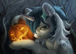 Size: 1280x904 | Tagged: safe, artist:jackiesenvy, imported from derpibooru, oc, oc only, pony, unicorn, commission, fangs, hairclip, halloween, holiday, horn, jack-o-lantern, pumpkin, solo, ych result