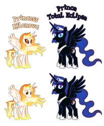 Size: 6661x8058 | Tagged: safe, anonymous artist, imported from derpibooru, oc, oc only, oc:prince total eclipse, oc:princess kilonova, alicorn, pony, absurd resolution, accessory, alicorn oc, closed mouth, cousins, crown, description is relevant, evil eyes, eyebrows, eyelashes, eyes open, facial hair, family, female, hoof shoes, horn, jewelry, looking, looking at you, looking back, looking back at you, male, mare, name, nostrils, offspring, parent:oc:prince magnetar superstar, parent:oc:prince umbra shadowmoon, parent:oc:princess pulsar superstar, parent:oc:princess umbra bloodmoon, parents:superstarcest, parents:umbracest, prince, princess, product of incest, regalia, royalty, show accurate, simple background, smiling, smiling at you, spread wings, stallion, standing, story included, text, transparent background, vector, wall of tags, wings