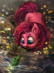 Size: 1719x2340 | Tagged: safe, artist:bananitryi, imported from derpibooru, gummy, pinkie pie, alligator, earth pony, pony, ear fluff, female, flower, fluffy, looking at each other, looking at someone, mare, water