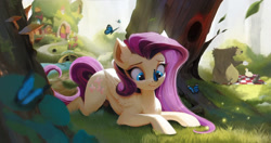 Size: 2048x1080 | Tagged: safe, artist:minuko, imported from derpibooru, fluttershy, harry, bear, bird, butterfly, duck, pegasus, pony, raccoon, butterfly on nose, cute, female, fluttershy's cottage, insect on nose, lying down, mare, mushroom, picnic blanket, prone, shyabetes, solo, solo focus, teapot, tree