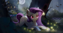 Size: 2048x1080 | Tagged: safe, artist:minuko, imported from derpibooru, fluttershy, bat, bat pony, pegasus, pony, bat ponified, fangs, female, flutterbat, fluttershy's cottage, forest, full moon, lying down, mare, moon, mushroom, nature, picnic blanket, prone, race swap, solo, tree