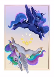 Size: 2896x4096 | Tagged: safe, artist:minuko, imported from derpibooru, princess celestia, princess luna, alicorn, pony, duo, duo female, female, flowing mane, flowing tail, gradient background, hoof shoes, jewelry, mare, peytral, regalia, starry tail, tail